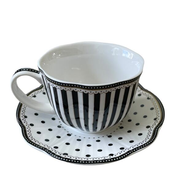 GRACE TEAWARE Black & White Striped Polka Dots Teacup and Saucer Set of 2 New - Picture 3 of 16